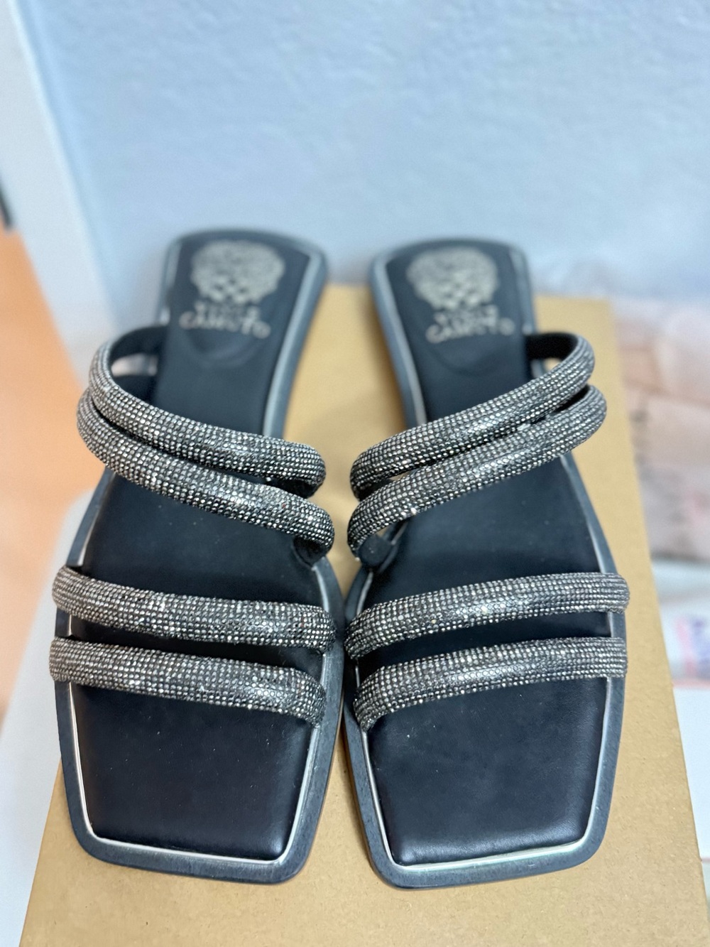 Vince Camuto Black Rhinestone-Strap Square-Toe Slide Sandals